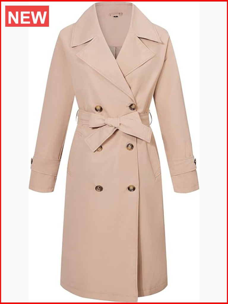 Women Double-Breasted Knee-Length Trench Coat With Removable Belt